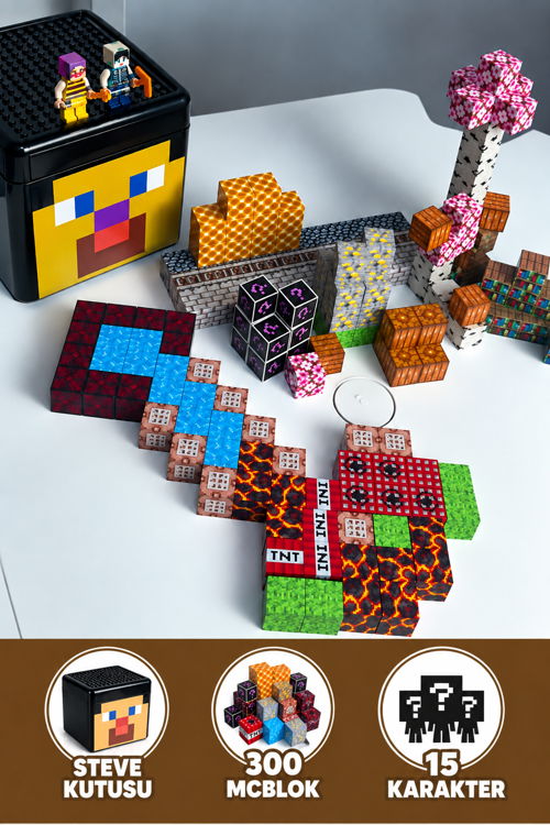 Steve Kutulu Minecraft Manyetik Blok Seti - 300 Parça + 15 Karakter
