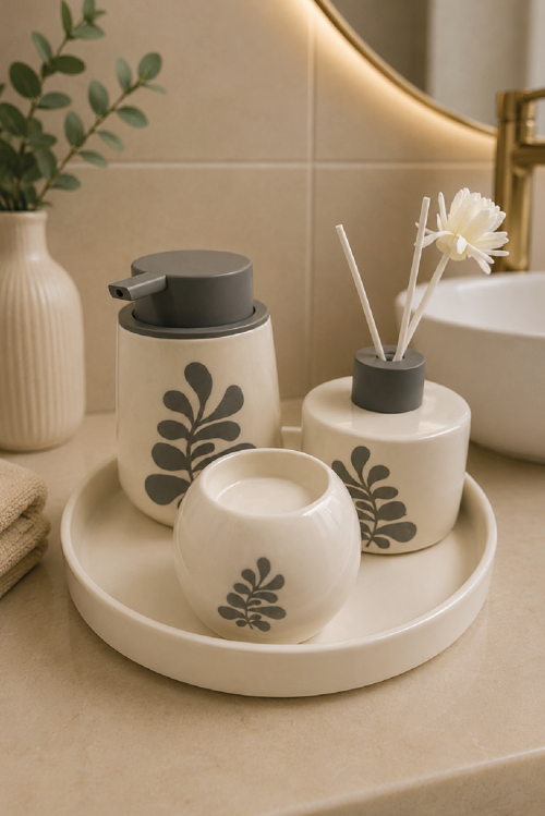4 Parça Seramik Banyo Seti Beyaz Yaprak Desenli C050
