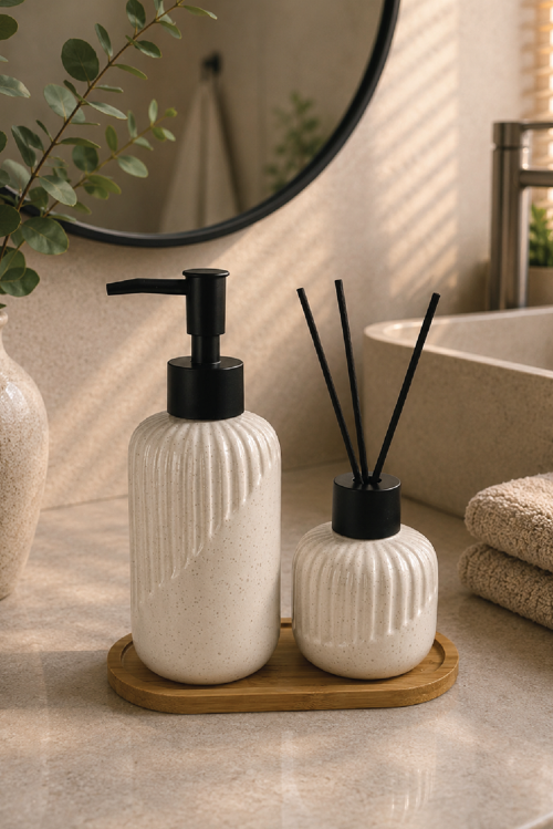 3 Parça Seramik Banyo Seti Beyaz Dokulu AB001