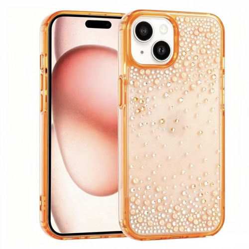 iPhone 15 Kılıf Airbag Tasarımlı Damla Taşlı Şeffaf Pera Silikon Kılıf - Turuncu