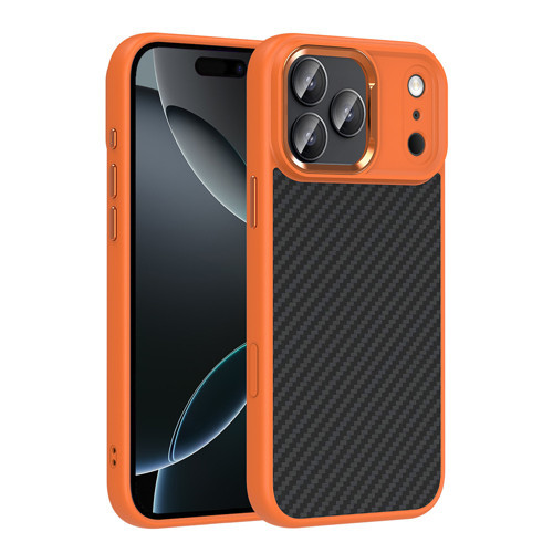 iPhone 17 Pro Max Kılıf M-Safe Şarj Özellikli Karbon Fiber Görünümlü Truva Silikon Kılıf - Turuncu