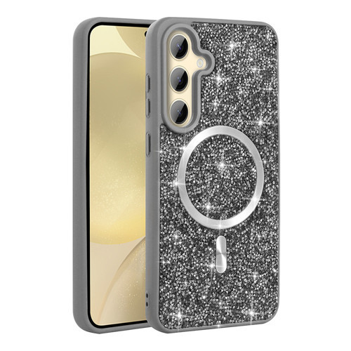 Galaxy S26 Plus Kılıf Pırlanta Tasarımlı M-safe Şarj Özellikli Mozaik Silikon Kılıf - Titanyum-Gri