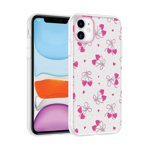 iPhone 11 Kılıf Kamera Korumalı Desenli Klip Kılıf - Kalpli Kiraz
