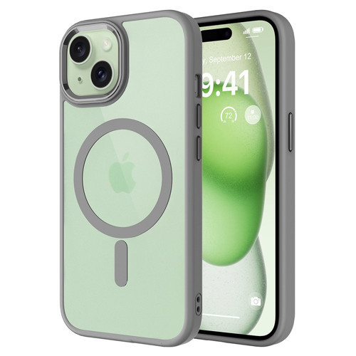 iPhone 15 Kılıf Wireless Şarj Özellikli Krom M-safe Silikon Kılıf - Gri