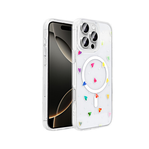iPhone 16 Pro Max Kılıf M-Safe Şarj Özellikli Şeffaf Folk Sert Kılıf - Kalp
