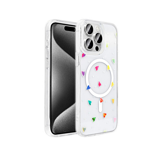 iPhone 15 Pro Kılıf M-Safe Şarj Özellikli Şeffaf Folk Sert Kılıf - Kalp