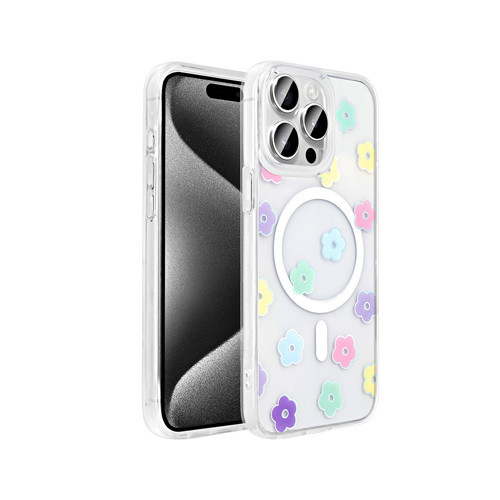 iPhone 15 Pro Kılıf M-Safe Şarj Özellikli Şeffaf Folk Sert Kılıf - Papatya