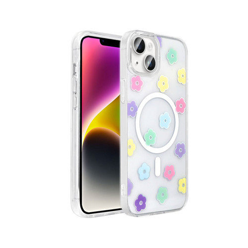 iPhone 14 Kılıf M-Safe Şarj Özellikli Şeffaf Folk Sert Kılıf - Papatya