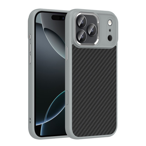 iPhone 17 Pro Kılıf M-Safe Şarj Özellikli Karbon Fiber Görünümlü Truva Silikon Kılıf - Gri