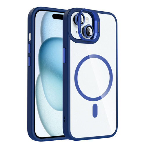iPhone 15 Kılıf Standlı ve Kamera Lens Hediyeli M-Safe Şarj Özellikli Etro Kılıf - Lacivert