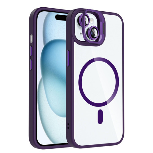 iPhone 15 Kılıf Standlı ve Kamera Lens Hediyeli M-Safe Şarj Özellikli Etro Kılıf - Derin Mor