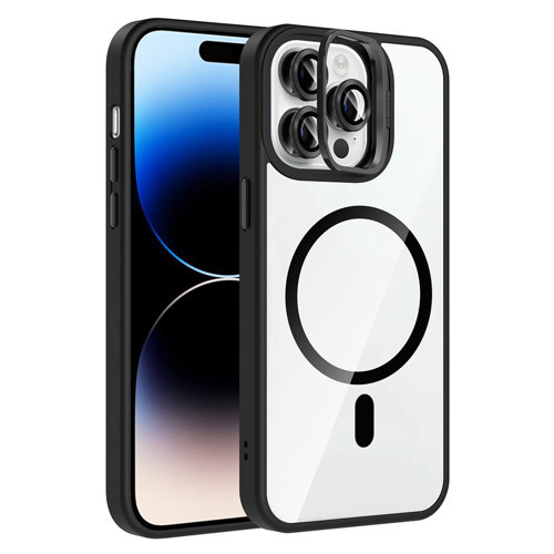 iPhone 14 Pro Max Kılıf Standlı ve Kamera Lens Hediyeli M-Safe Şarj Özellikli Etro Kılıf - Siyah