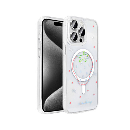 iPhone 15 Pro Kılıf M-Safe Şarj Özellikli Şeffaf Folk Sert Kılıf - Çilek