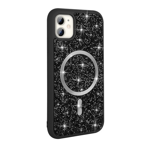 iPhone 11 Kılıf Pırlanta Tasarımlı M-safe Şarj Özellikli Mozaik Silikon Kılıf - Siyah