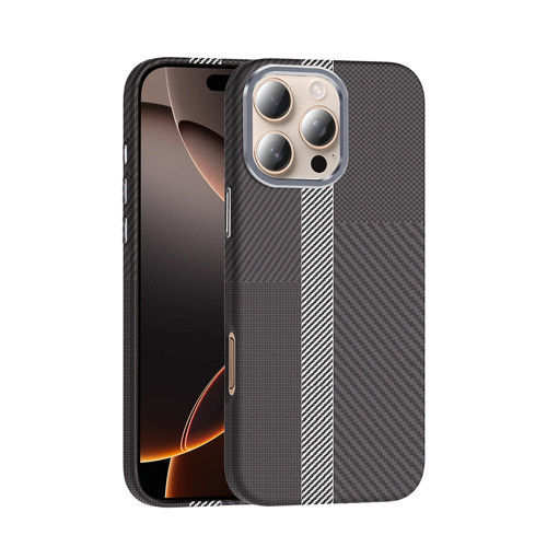 iPhone 16 Pro Kılıf M-safe Şarj Özellikli Karbon Fiber Görünümlü Gros Kılıf - Gri-Siyah