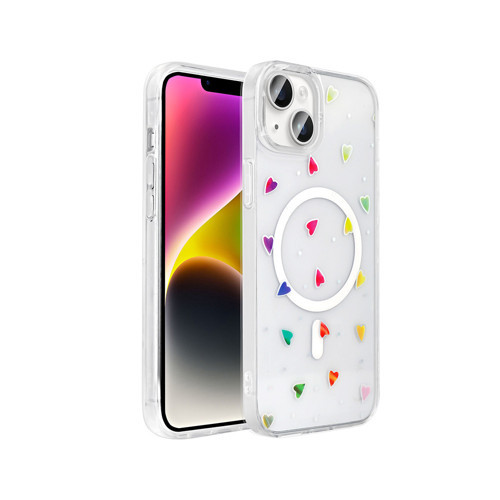 iPhone 14 Kılıf M-Safe Şarj Özellikli Şeffaf Folk Sert Kılıf - Kalp