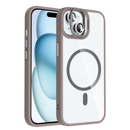 iPhone 15 Kılıf Standlı ve Kamera Lens Hediyeli M-Safe Şarj Özellikli Etro Kılıf - Gri