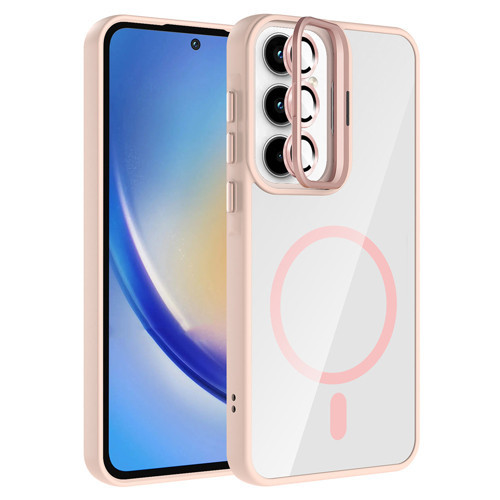 Galaxy A35 Kılıf Standlı ve Kamera Lens Hediyeli M-Safe Şarj Özellikli Etro Kılıf - Pembe