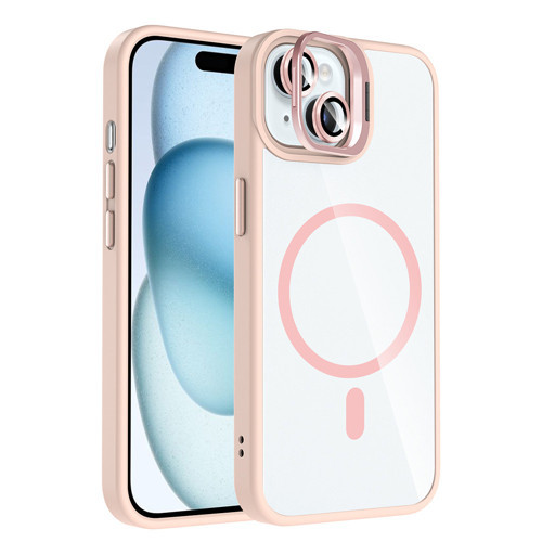 iPhone 15 Kılıf Standlı ve Kamera Lens Hediyeli M-Safe Şarj Özellikli Etro Kılıf - Pembe