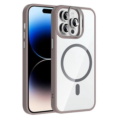 iPhone 14 Pro Max Kılıf Standlı ve Kamera Lens Hediyeli M-Safe Şarj Özellikli Etro Kılıf - Gri