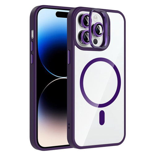 iPhone 14 Pro Max Kılıf Standlı ve Kamera Lens Hediyeli M-Safe Şarj Özellikli Etro Kılıf - Derin Mor