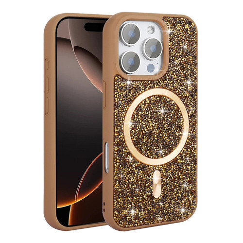 iPhone 16 Pro Kılıf Pırlanta Tasarımlı M-safe Şarj Özellikli Mozaik Silikon Kılıf - Desert Titanyum