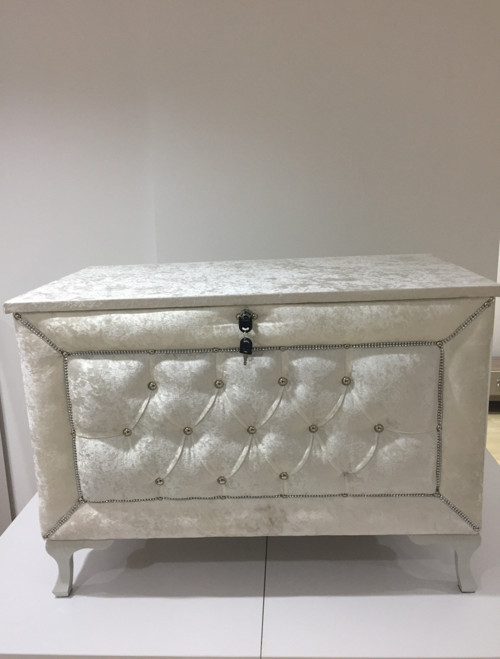 Çeyiz 17368 SANDIK Kapitone Model 3lü Set Krem Kadifemsi Kumaş İçi Tela El Yapı