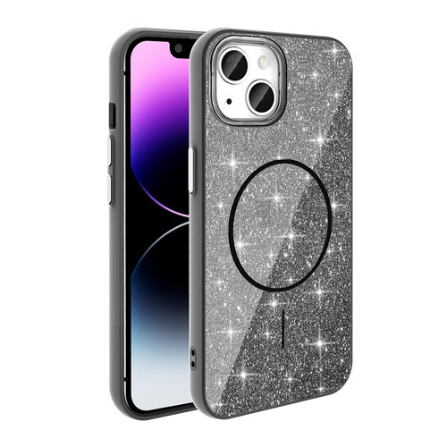 iPhone 14 Kılıf M-safe Şarj Özellikli Parlayan Simli Okso Kılıf - Siyah