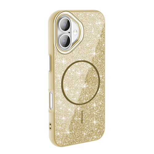 iPhone 16 Plus Kılıf M-safe Şarj Özellikli Parlayan Simli Okso Kılıf - Gold