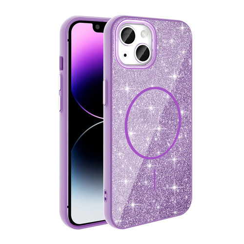 iPhone 14 Kılıf M-safe Şarj Özellikli Parlayan Simli Okso Kılıf - Derin Mor