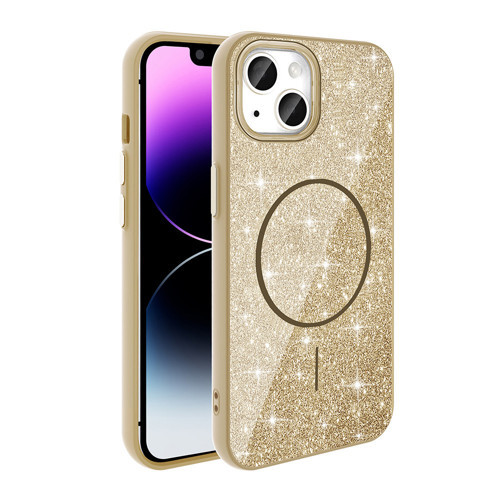 iPhone 14 Kılıf M-safe Şarj Özellikli Parlayan Simli Okso Kılıf - Gold