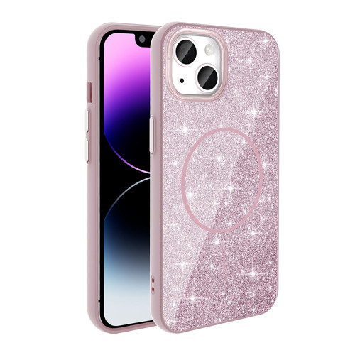 iPhone 14 Kılıf M-safe Şarj Özellikli Parlayan Simli Okso Kılıf - Pembe
