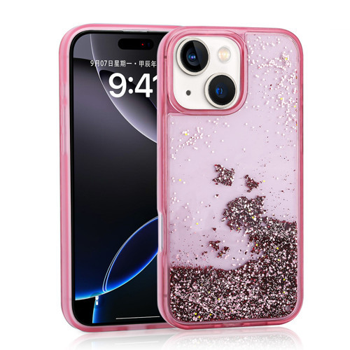 iPhone 15 Kılıf Sıvılı Simli Şeffaf Arka Yüzey Keto Silikon Kılıf - Pembe
