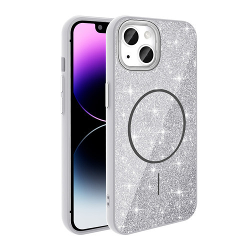 iPhone 14 Kılıf M-safe Şarj Özellikli Parlayan Simli Okso Kılıf - Beyaz
