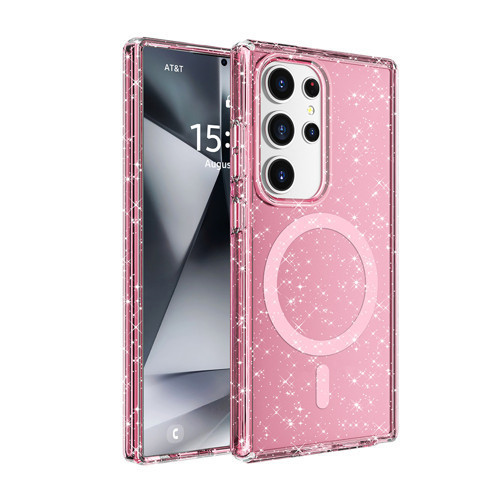 Galaxy S25 Ultra Kılıf M-safe Şarj Özellikli Parlayan Simli Saydam Renkli Allstar Kılıf - Pembe