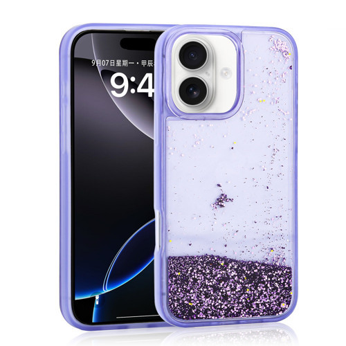 iPhone 16 Kılıf Sıvılı Simli Şeffaf Arka Yüzey Keto Silikon Kılıf - Mor