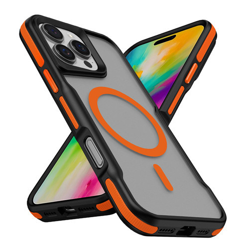 iPhone 16 Pro Max Kılıf M-safe Şarj Özellikli Renkli Kenar Airbag Şeritli Lamer Kılıf - Turuncu