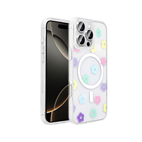 iPhone 16 Pro Max Kılıf M-Safe Şarj Özellikli Şeffaf Folk Sert Kılıf - Papatya