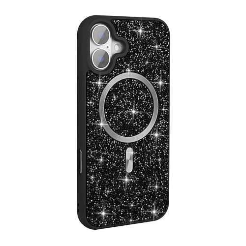 iPhone 16 Kılıf Pırlanta Tasarımlı M-safe Şarj Özellikli Mozaik Silikon Kılıf - Siyah