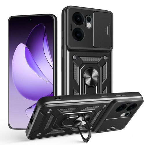 Oppo Reno 13F 5G Kılıf Magnetik Standlı Kamera Korumalı Sürgülü Vega Kılıf - Siyah
