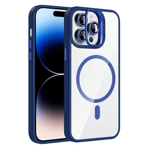 iPhone 14 Pro Max Kılıf Standlı ve Kamera Lens Hediyeli M-Safe Şarj Özellikli Etro Kılıf - Lacivert