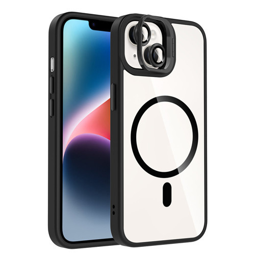 iPhone 14 Kılıf Standlı ve Kamera Lens Hediyeli M-Safe Şarj Özellikli Etro Kılıf - Siyah