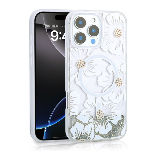 iPhone 16 Pro Max Kılıf Sıvılı Simli Baskılı Şeffaf Arka Yüzey Mossa Silikon Kılıf - Gri