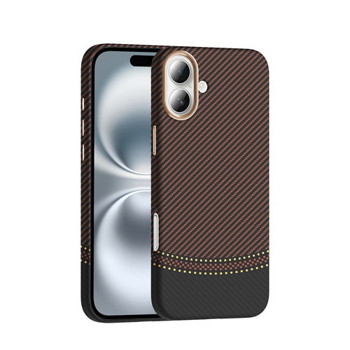 iPhone 16 Kılıf M-safe Şarj Özellikli Karbon Fiber Görünümlü Gros Kılıf - Gold-Siyah