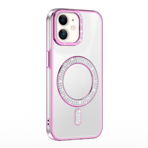 iPhone 11 Kılıf Pırlanta Taş Tasarımlı M-safe Şarj Özellikli Karetta Silikon Kılıf - Rose Gold