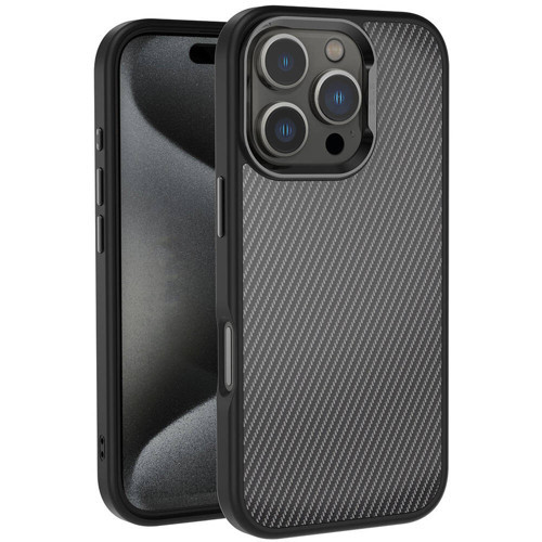 iPhone 16 Pro Max Kılıf Karbon Fiber Görünümlü Parlak Kamera Çerçeveli Venus Kılıf - Siyah