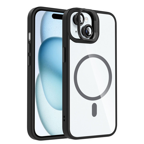 iPhone 15 Kılıf Standlı ve Kamera Lens Hediyeli M-Safe Şarj Özellikli Etro Kılıf - Siyah