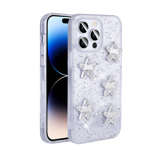 iPhone 14 Pro Max Kılıf Airbagli Simli Arka Yüzey Işıltı Silikon Kılıf - Beyaz-Yıldız
