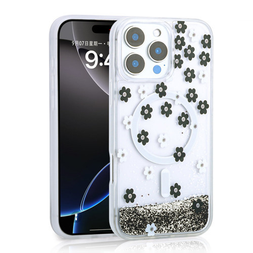 iPhone 16 Pro Max Kılıf Sıvılı Simli Baskılı Şeffaf Arka Yüzey Mossa Silikon Kılıf - Siyah