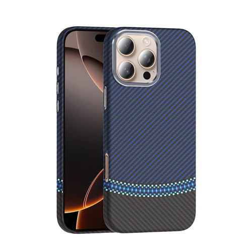 iPhone 16 Pro Kılıf M-safe Şarj Özellikli Karbon Fiber Görünümlü Gros Kılıf - Siyah-Lacivert